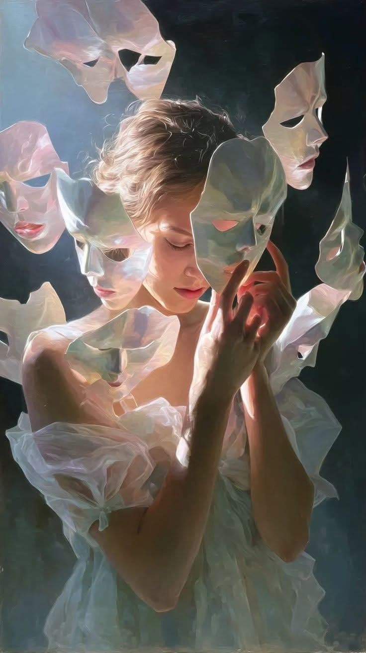 A woman surrounded by translucent masks