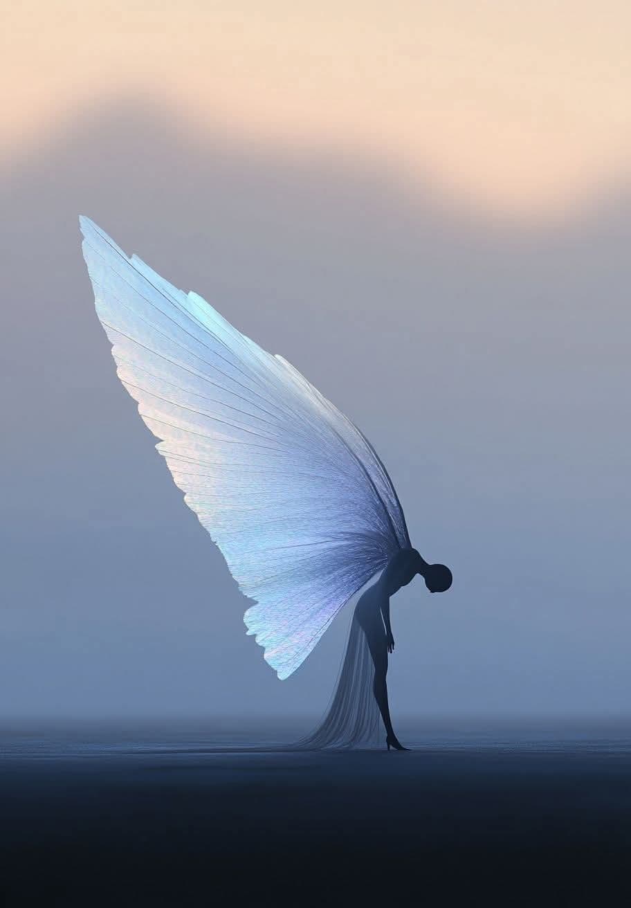 A figure with a sweeping iridescent wing